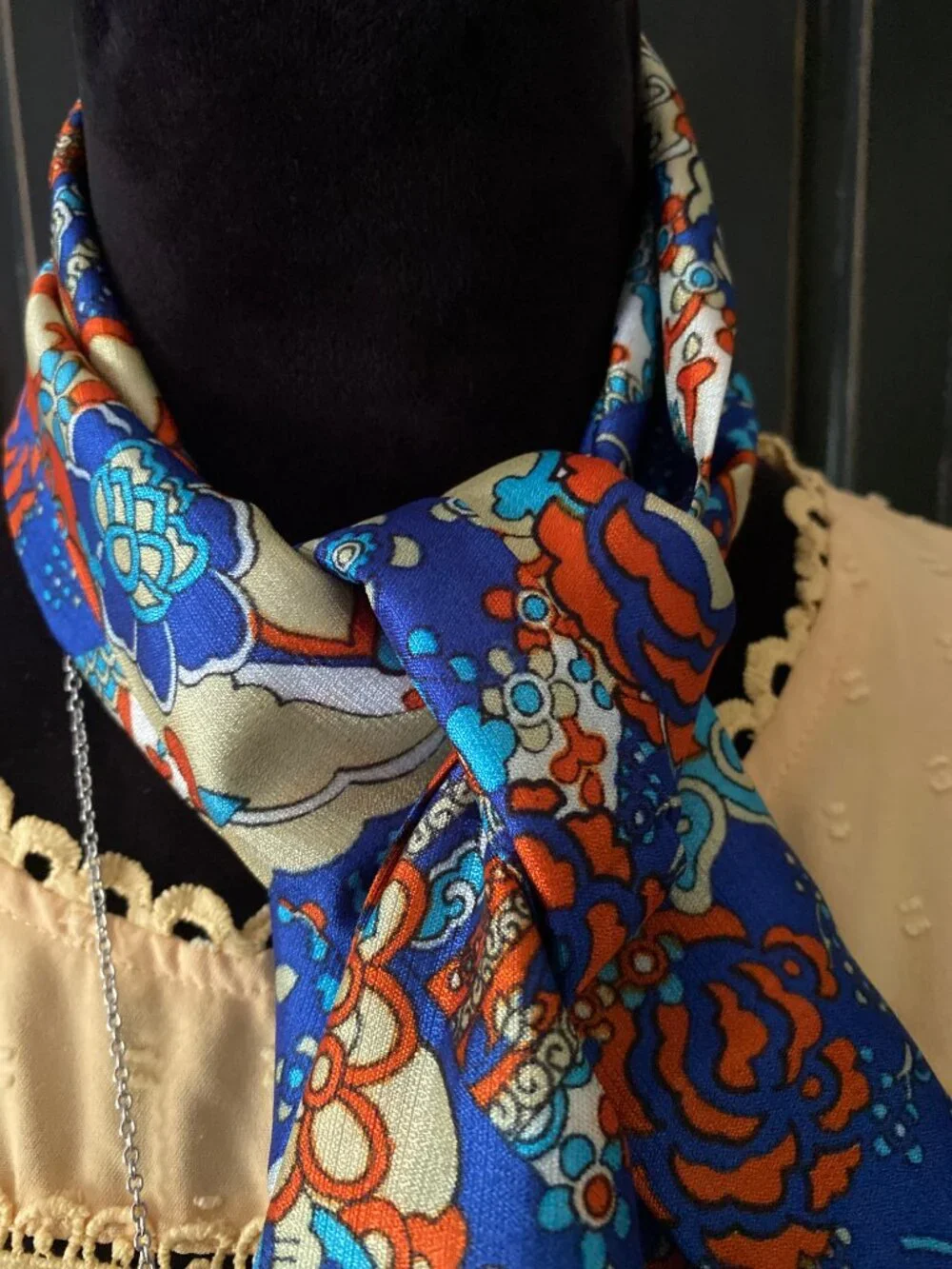 VINTAGE Floral Print Fashion Scarf - Colorful Blue Orange Turquoise Cream Scarf
